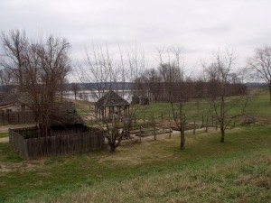 The FdC jardin potager. chicken, and garden shed from levee. Flood 2016, Jennifer Duensing photo.